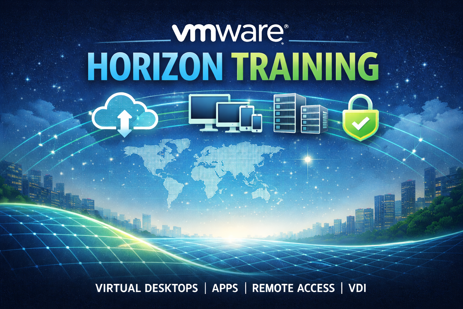 VMware Horizon Training banner showing VDI, virtual desktops, cloud infrastructure, and remote access technology.
