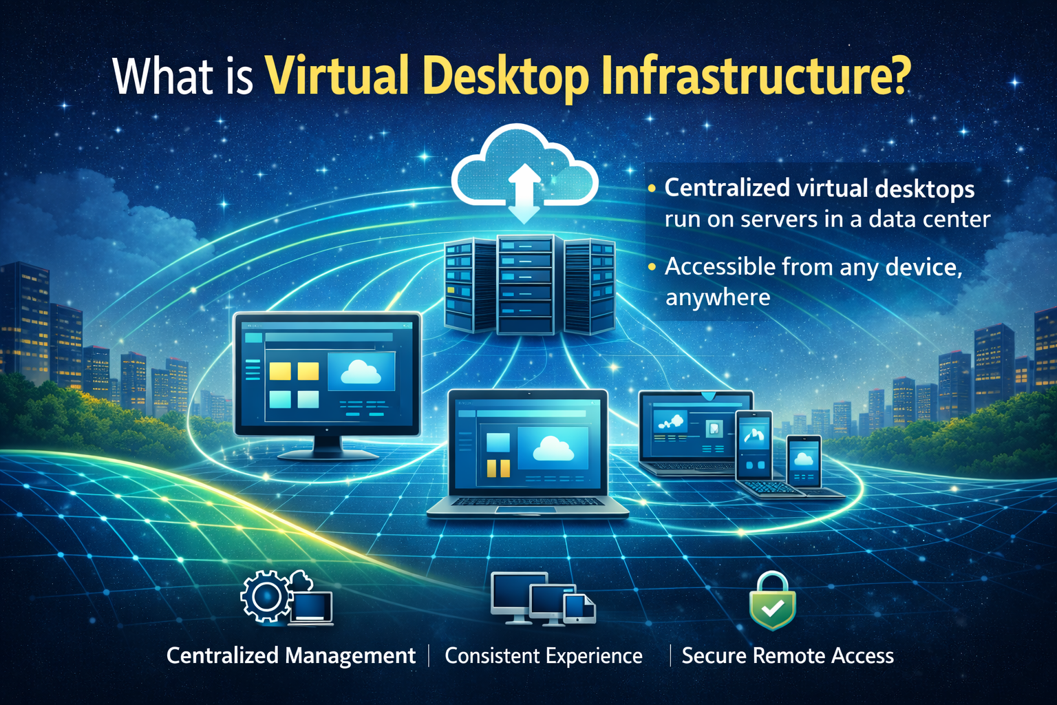 Diagram showing Virtual Desktop Infrastructure (VDI) with multiple devices connected to centralized servers.