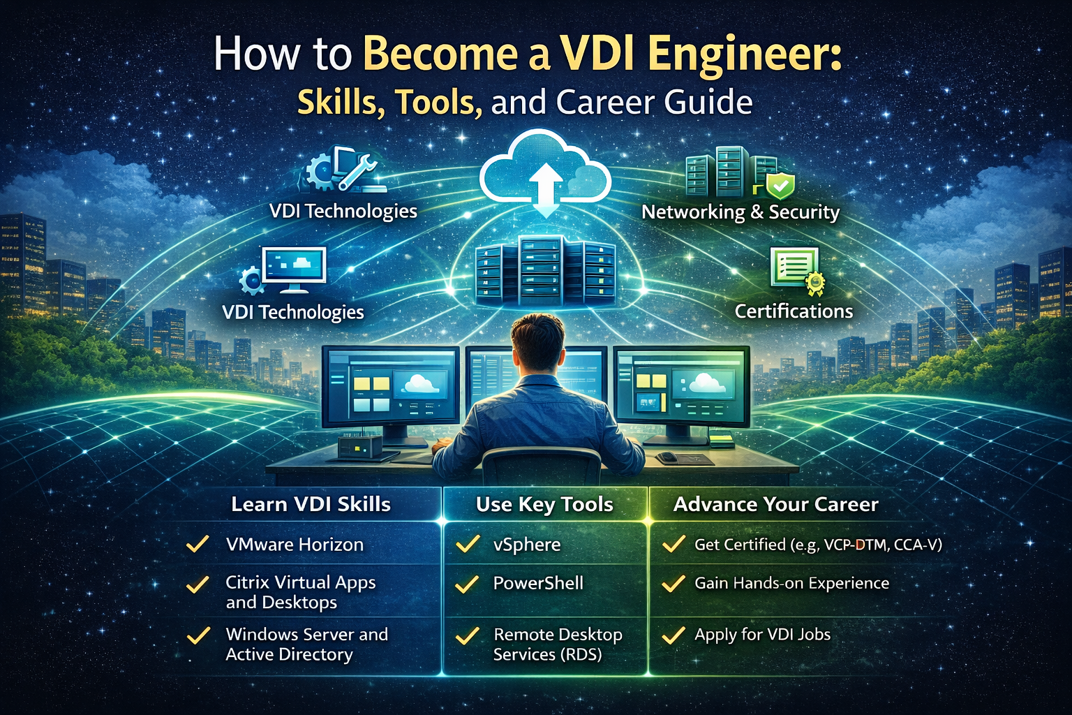 Infographic showing the skills, tools, and certifications needed to become a VDI Engineer.